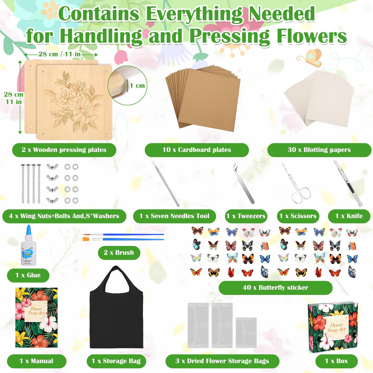 Cruzix 11x11 Large Flowers Press Kit, 10-Layer Wooden Pressing Kit for Adults DIY Flower Preservation & Dried Flowers Art Bookmark Frame Wedding Flower Drying, Gift for Craft Lovers with Storage Bag