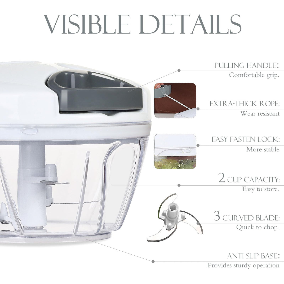 Ourokhome Manual Food Processor Vegetable Chopper, Portable Hand Pull String Garlic Mincer Onion Cutter for Veggies, Ginger, Fruits, Nuts, Herbs, etc., 500ml, White