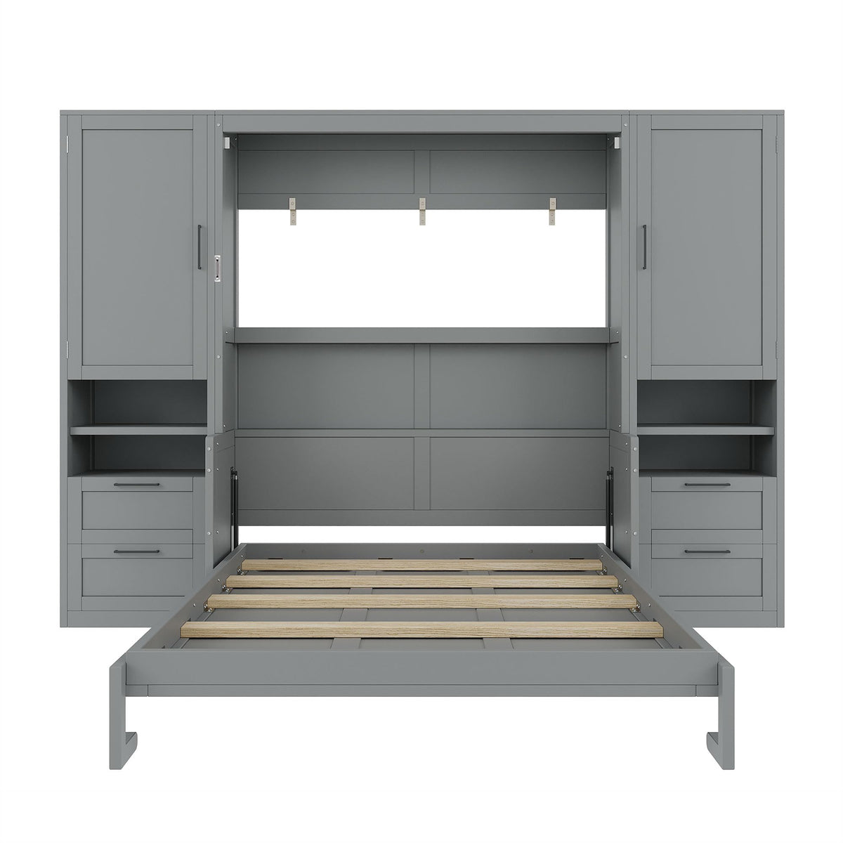 Merax Queen Size Murphy Bed with Desk, Multifunctional Foldable Wall Bed with Closet, Drawers and Shelves, Space-Saving Wood Platform Bed Frame for Small Spaces Studio Study Office Guest Room, Gray
