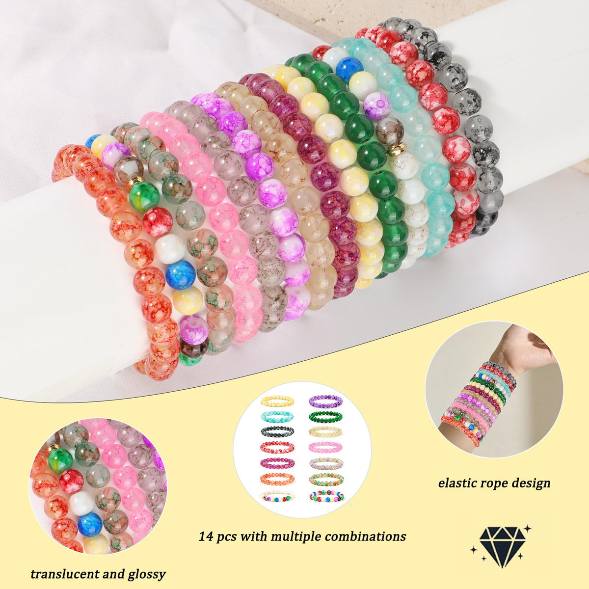 Gorgeoos 14Pcs 8mm Multicolor Crystal Beaded Bracelets for Women Men Stretch Chakra Healing Gemstone Elastic Bracelets Set Unisex Yoga Meditation Natural Stone Jewelry Gifts