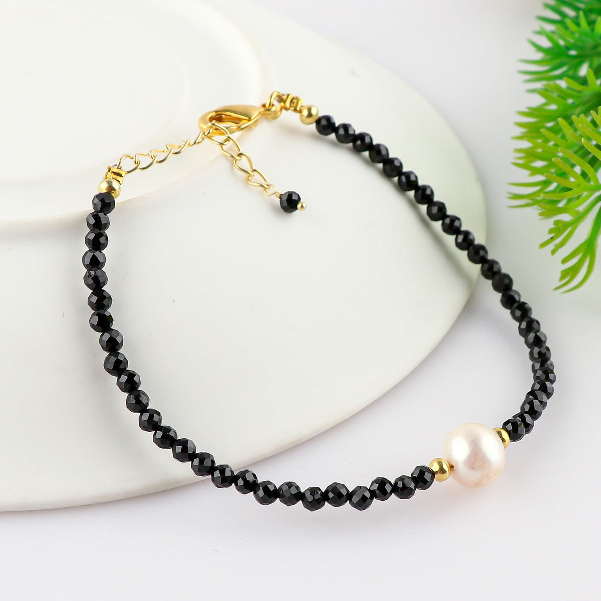 CRYSTALINES Natural Black Tourmaline Gemstone Bracelet, Cultured Pearl Beads Stones, Handmade Hypoallergenic Bohemian Jewelry for Women, Healing Crystals, Adjustable Gold Plated 7+1inch Birthday Gift