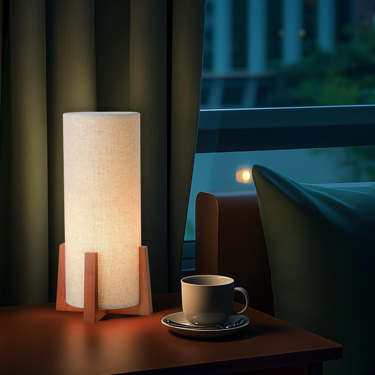 Fengarolam Modern Small Table Lamps, Nightstand Lamp with Linen Fabric Shade, 13.97" Cylinder Wood Base Bedside Table Lamp for Bedroom Office Living Room Home Decor