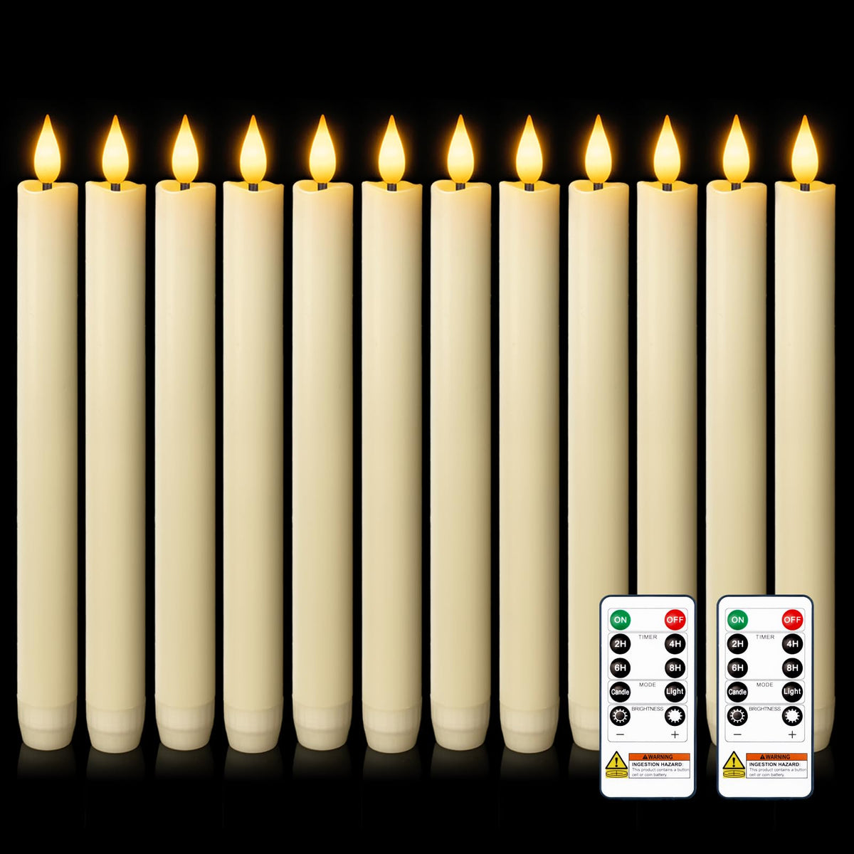 Homemory 12 Pcs Waxy Flameless Taper Candles with Remote, Flickering Battery Operated Taper Candles, Led Flameless Candlesticks Classic Tall Candle for Home, Wedding, Party, Ivory, 9.6 inches