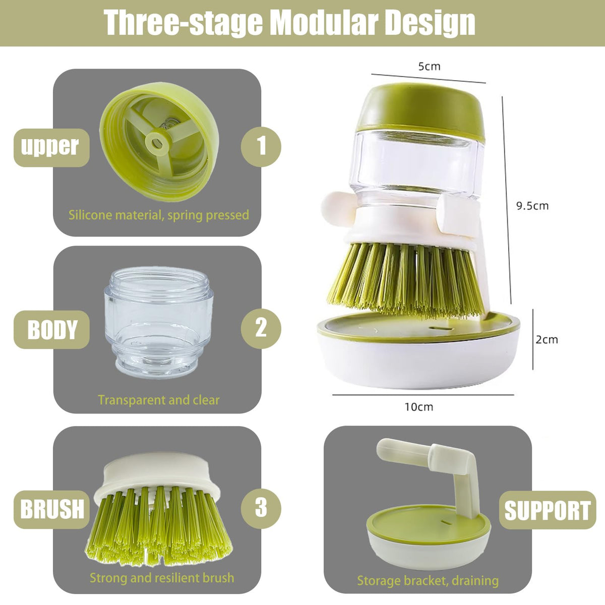 UGWkivd Soap Dispenser with Dish Brush and Storage Bracket, Easy to Clean Kitchen Utensils and Sink, Gray