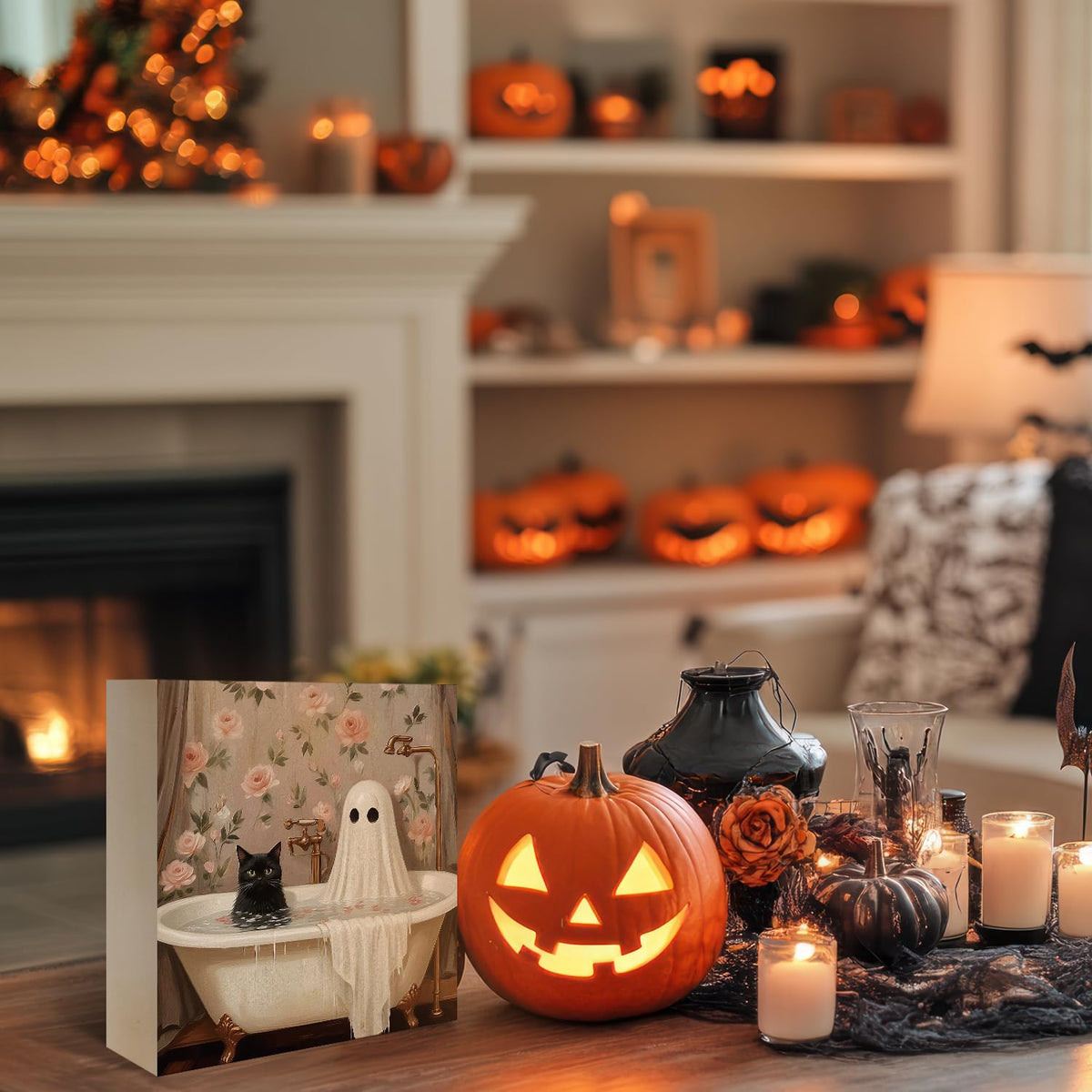 Mtrgdn Cute Halloween Decor,Halloween Decorations Indoor,Ghost with Black Cat Bathroom Decor Wooden Box Sign,Halloween Home Office Kitchen Bathroom Bedroom Desk Table Shelf Wall Decorations,5x5 Inch