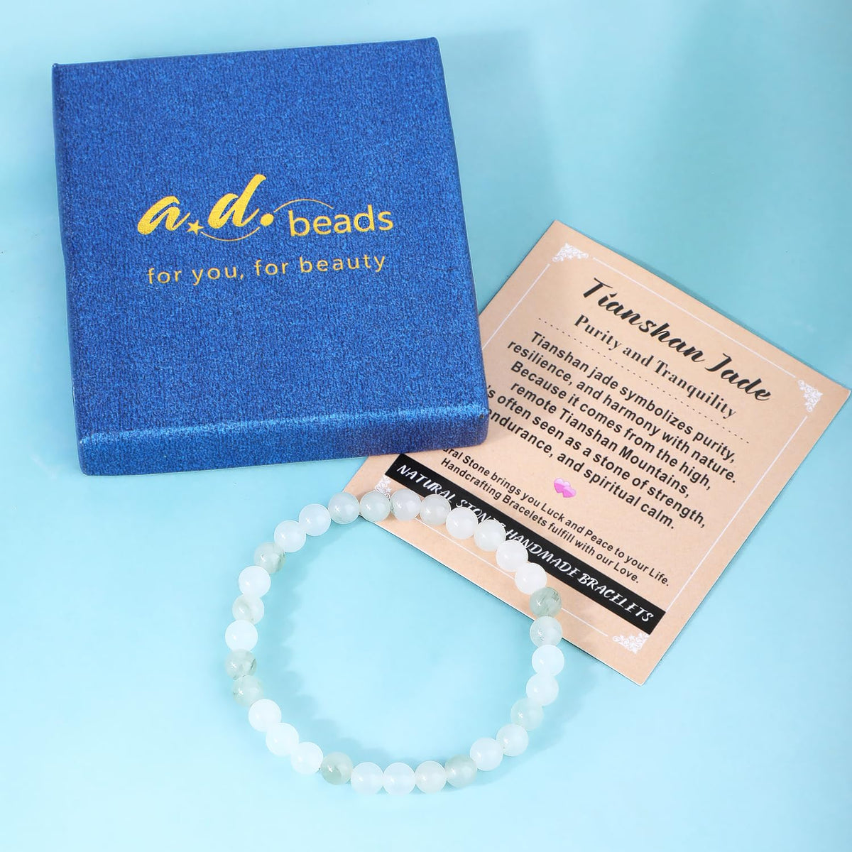 AD Beads 10mm Handmade Tianshan Jade Elastic Bracelet – Natural Gemstone for Purity and Tranquility – Meditation, Yoga, Healing and Energy Gift for Men Women