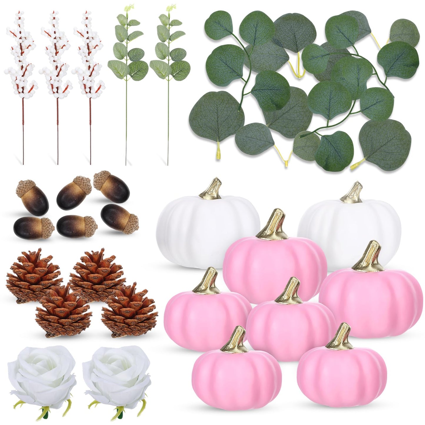 Artificial Pumpkin Eucalyptus Leaves Fall Decor, 56 PCS Fall Harvest Decorations for Halloween Thanksgiving with Pumpkins Acorns Pinecones Berries Leaves for Farmhouse Table Tiered Tray(White,Pink)