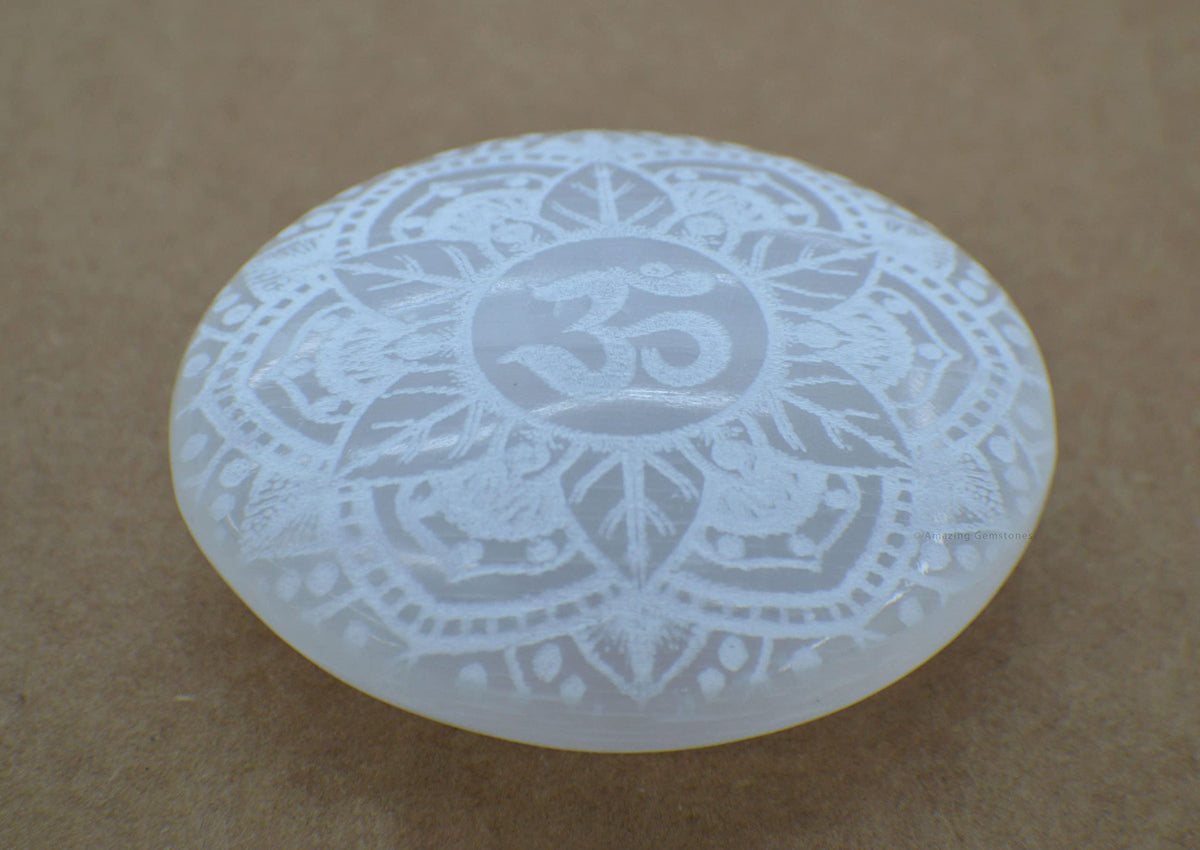 Amazing Gemstone Selenite Palm Stone - OM Engraved Hot Massage Worry Stone for Natural Body Chakra Balancing, Reiki Healing and Crystal Grid