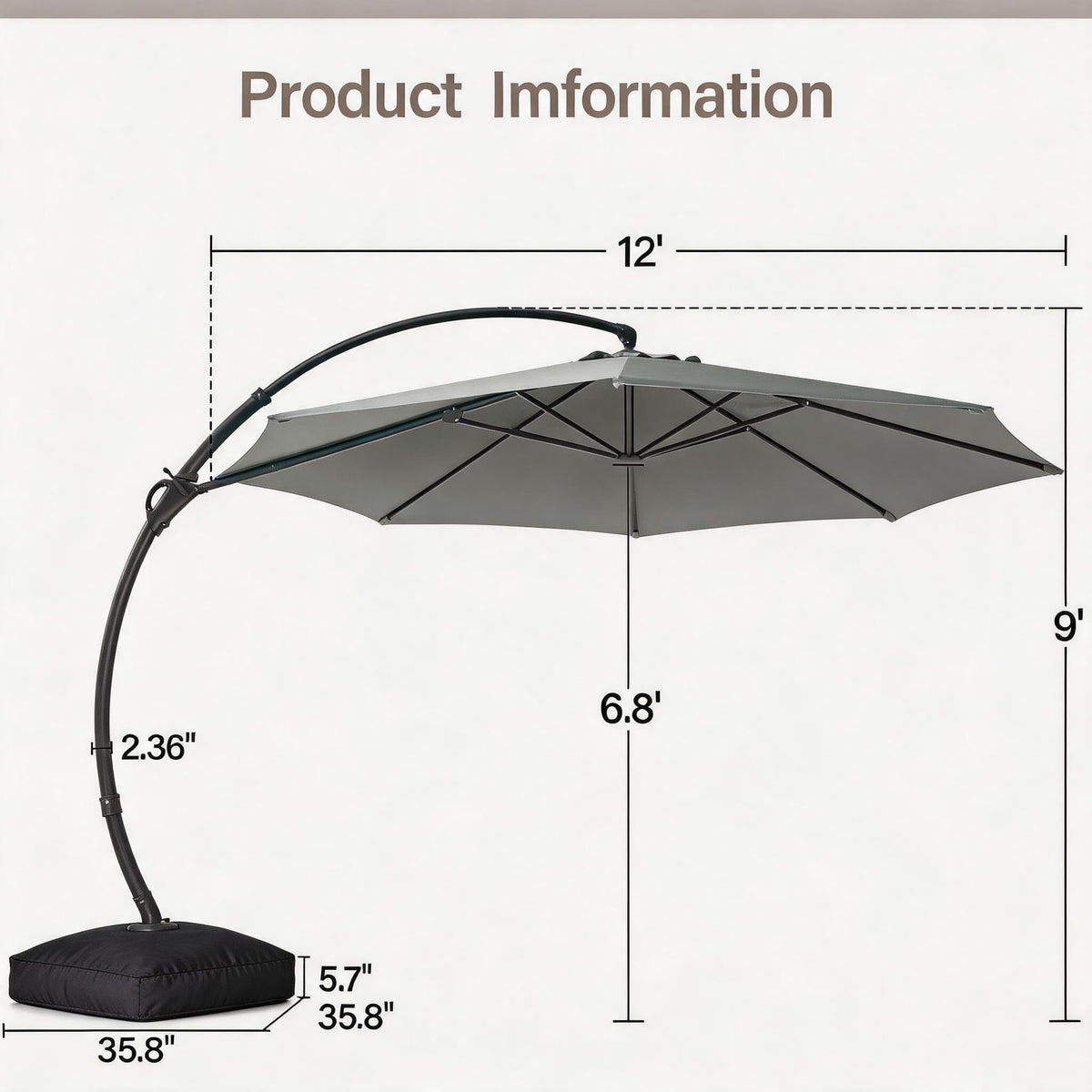LAUSAINT HOME Outdoor Patio Umbrella with Base included, 12 FT Deluxe Curvy Cantilever Umbrella Heavy Duty Offset Hanging Umbrella with 360° Rotation for Market, Pool, Garden, Backyard, Deck (Grey)