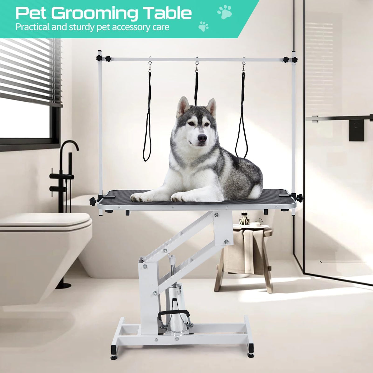 GarveeHome 43.6 in Pet Grooming Table for Large Dogs, Heavy Duty Height Adjustable Dog Grooming Table With Overhead Arm & Noose Height Range 22 in -39 in, Maximum Capacity Up to 350 LBS, White