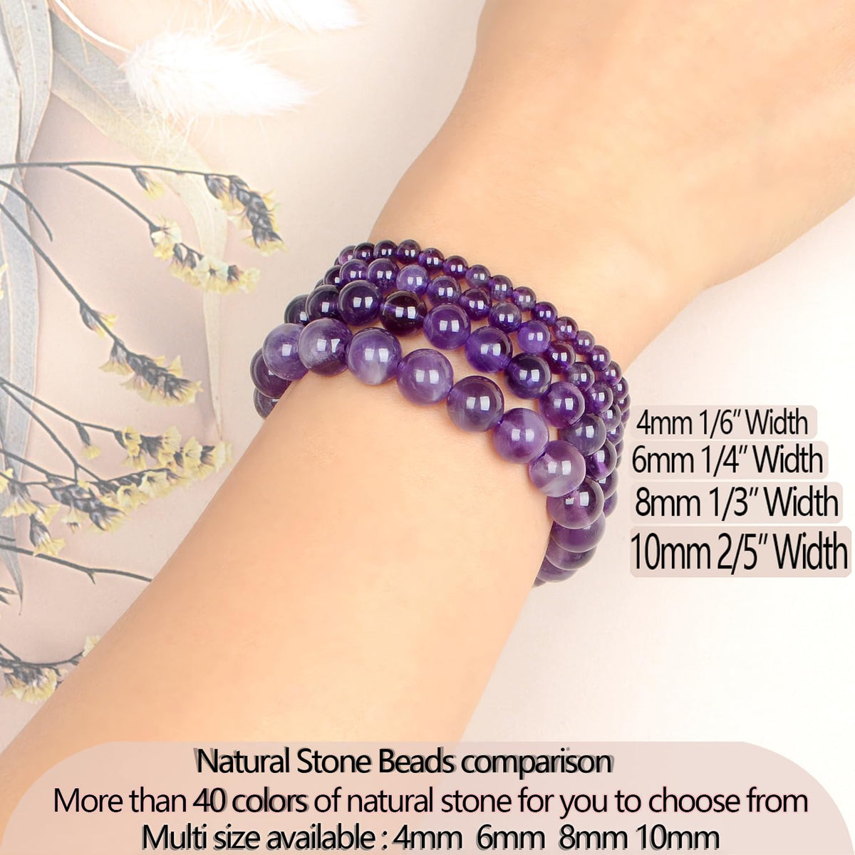 LPBeads Handmade Natural Gemstone Stretch Elastic 4m Amethyst Bracelet Healing Crystal Round Stone Beads Jewelry Gifts for Women Men