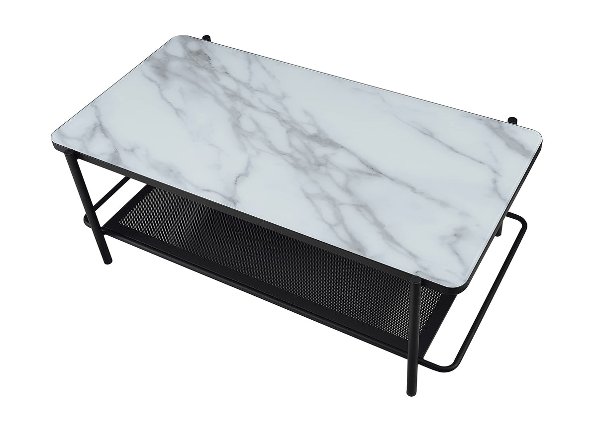Furniture of America Basil Industrial 1-Shelf, Faux Marble Top Steel 48 in. Rectangle Coffee Table for Living, Bedroom, Reception Room, Black and White