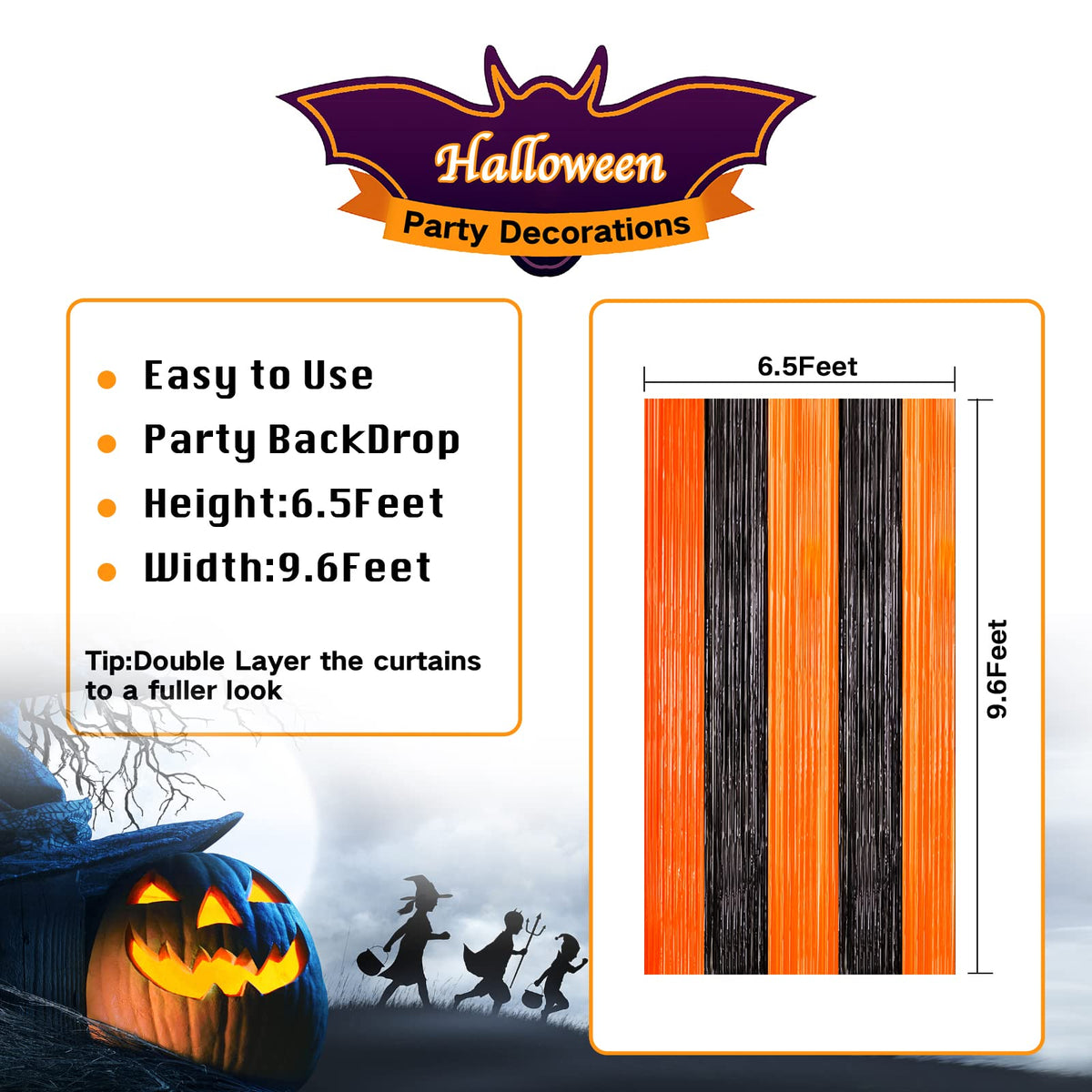 4 Pack Black and Orange Tinsel Foil Fringe Curtains, Halloween Party Photo Backdrop Streamers Backdrop for Birthday Anniversary Party Halloween Party Decoration