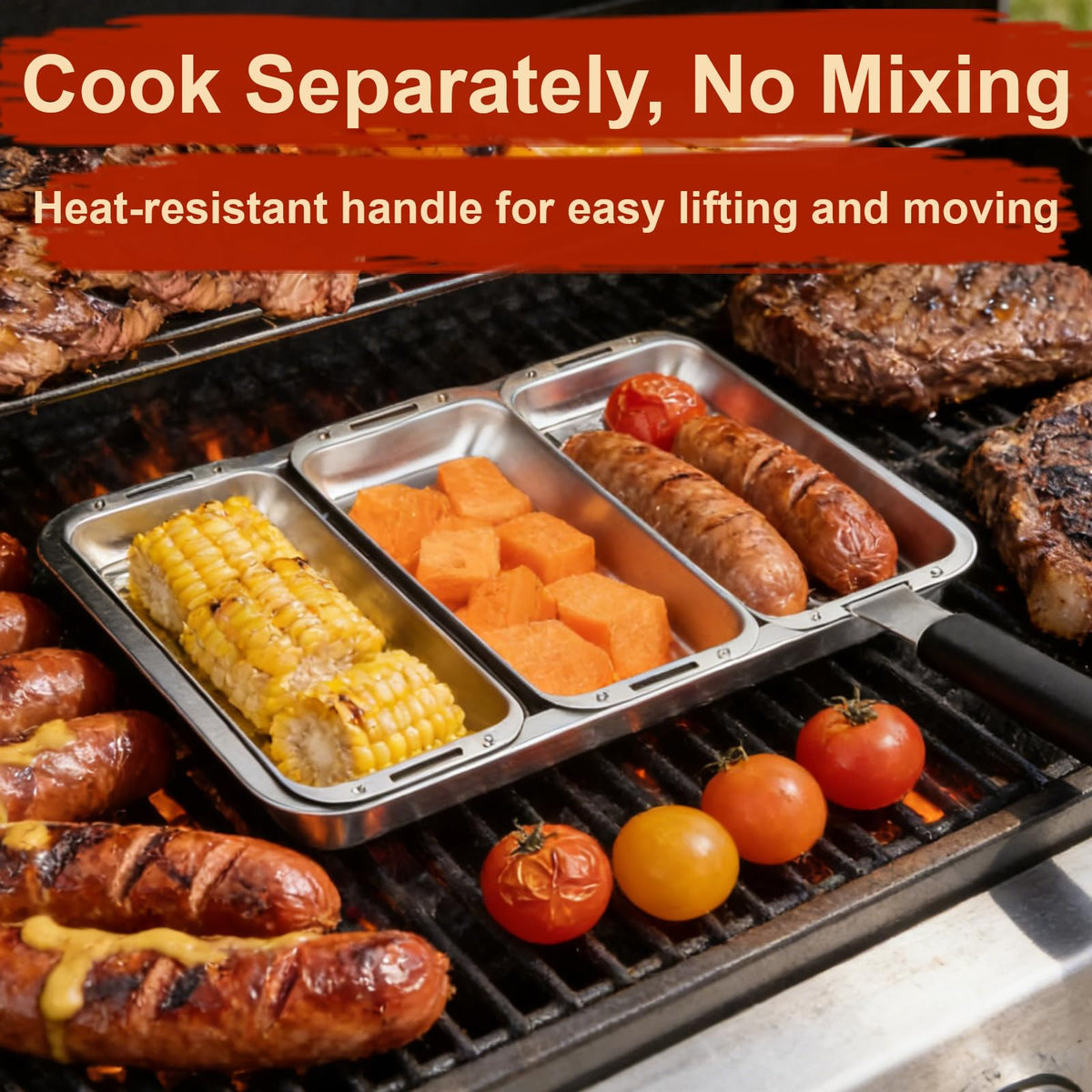 BBQ Vegetable Grill Basket Set, 4 Piece Stainless Steel Grill Pan Set with Universal Handle & lid, Dishwasher Safe, for Outdoor Cooking, Camping, Picnic, For Grilling Fish Veggies & Meats