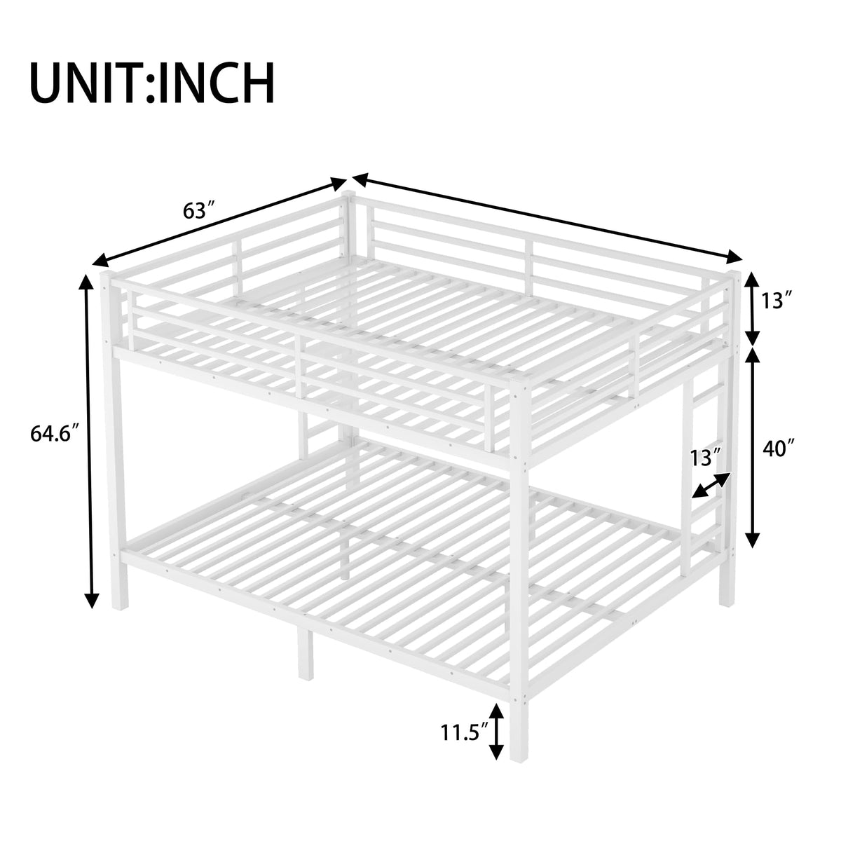 Queen Over Queen Bunk Bed for Adults, Teens, Heavy Duty Bunk Beds with 2 Ladder and Safety Guardrails, Adults Bunk Beds with Noise-Reducing Rubber Stoppers, Easy Assemble, White