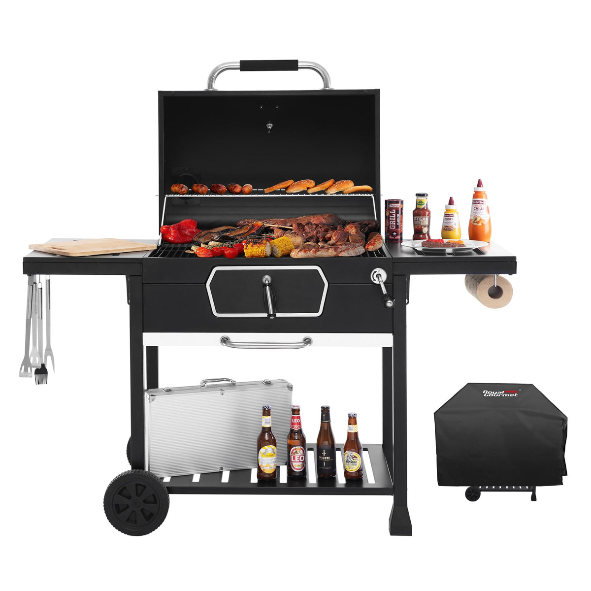 Royal Gourmet CD2030AC Deluxe 30-Inch Charcoal Grill with Cover, Large BBQ Grill with Collapsible Side Tables for Outdoor Picnic Camping Patio Backyard Cooking, Black