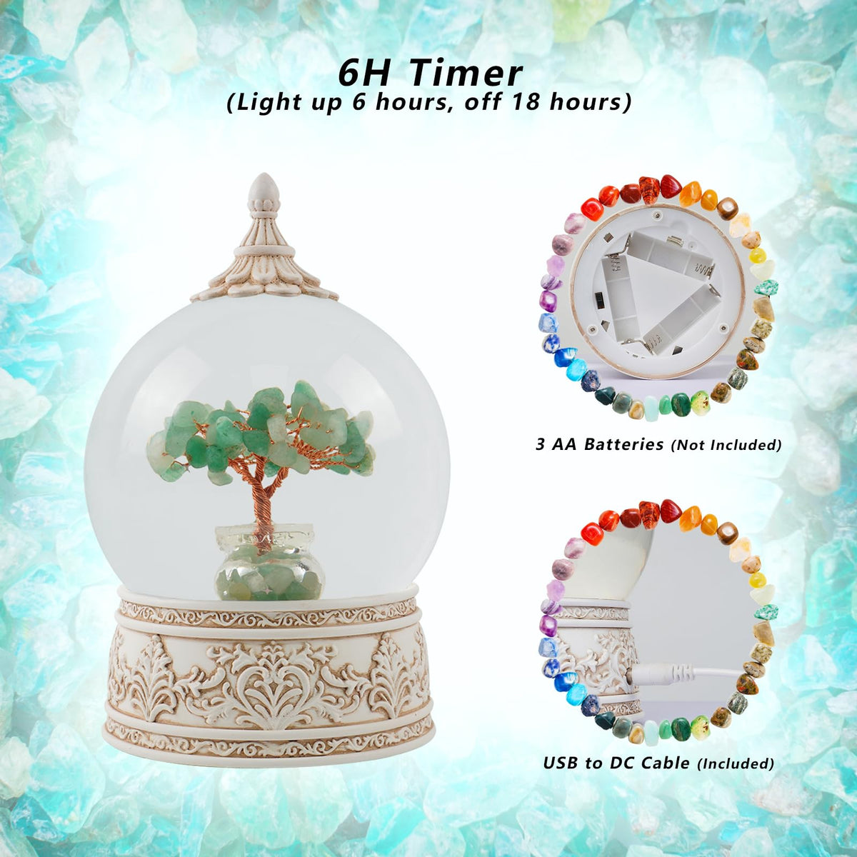Green Aventurine Healing Crystal Tree Globe Colorful Lights and Glitter, Natural Gemstone Base, Spiritual Meditation, Positive Energy Good Luck, Home Decor, Birthday Gifts (Green Aventurine)