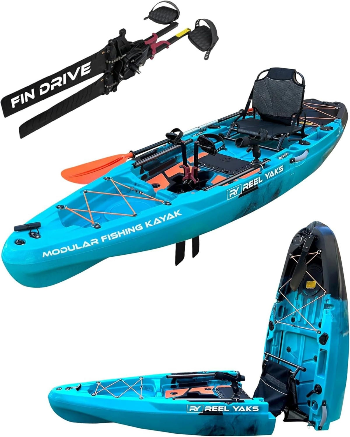 Reel Yaks Rapido Modular Fishing Kayak - Fin Drive, 10.8ft, 400 lbs Capacity, Gray - Pedal Fishing Kayaks for Adults & Youth, Sit on Top, Compact Storage, Lightweight, Durable, Easy Transport