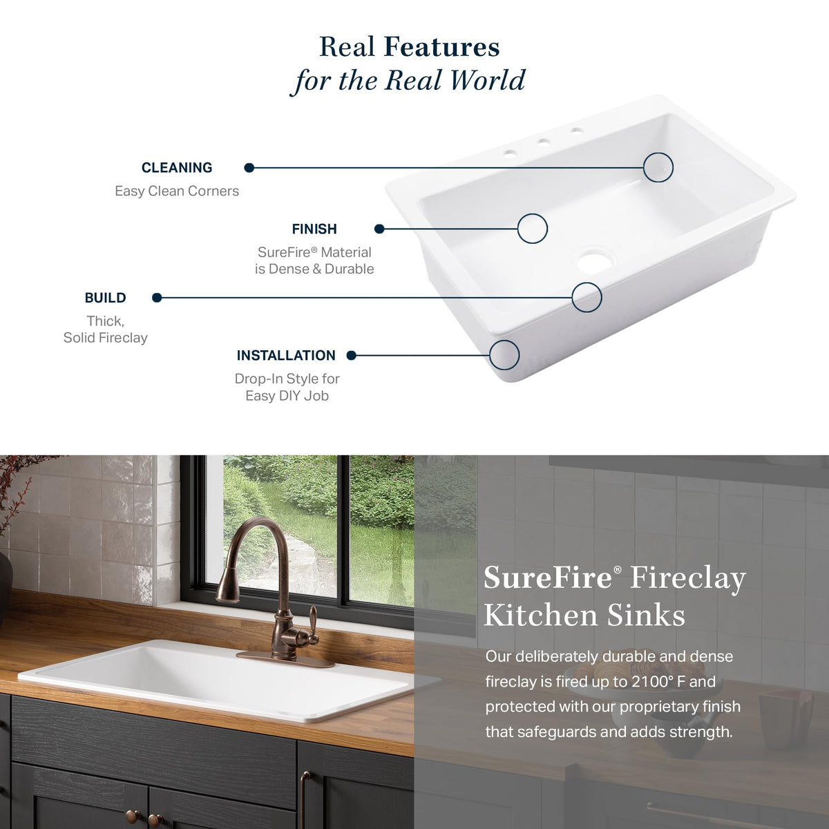 Sinkology Jackson Matte Black Fireclay Drop-In Kitchen Sink - 33 Inch Single Bowl - SureFire Fireclay Won't Chip, Crack, or Stain - 3-Hole - Sinkology Everyday Warranty - Fits 36 Inch Cabinet