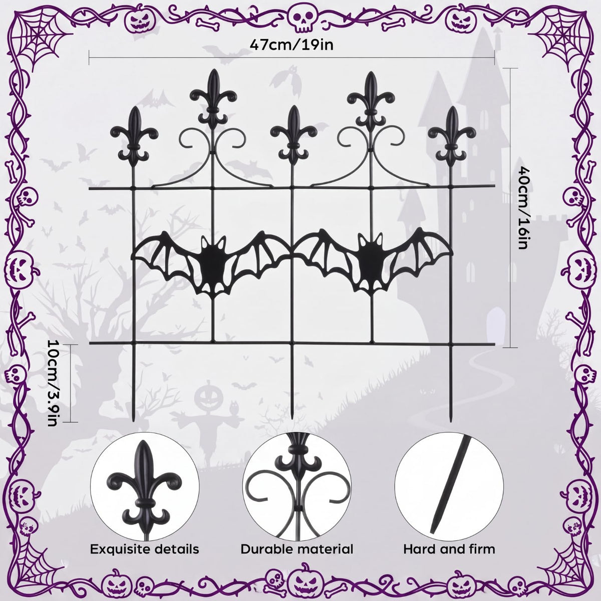 Otoolling 4 Pcs Halloween Fence Decoration Metal Gothic Black Garden Fence Panel, Spooky Outdoor Yard Prop for Haunted House, Graveyard, Party Decor (Bat,19"x16")