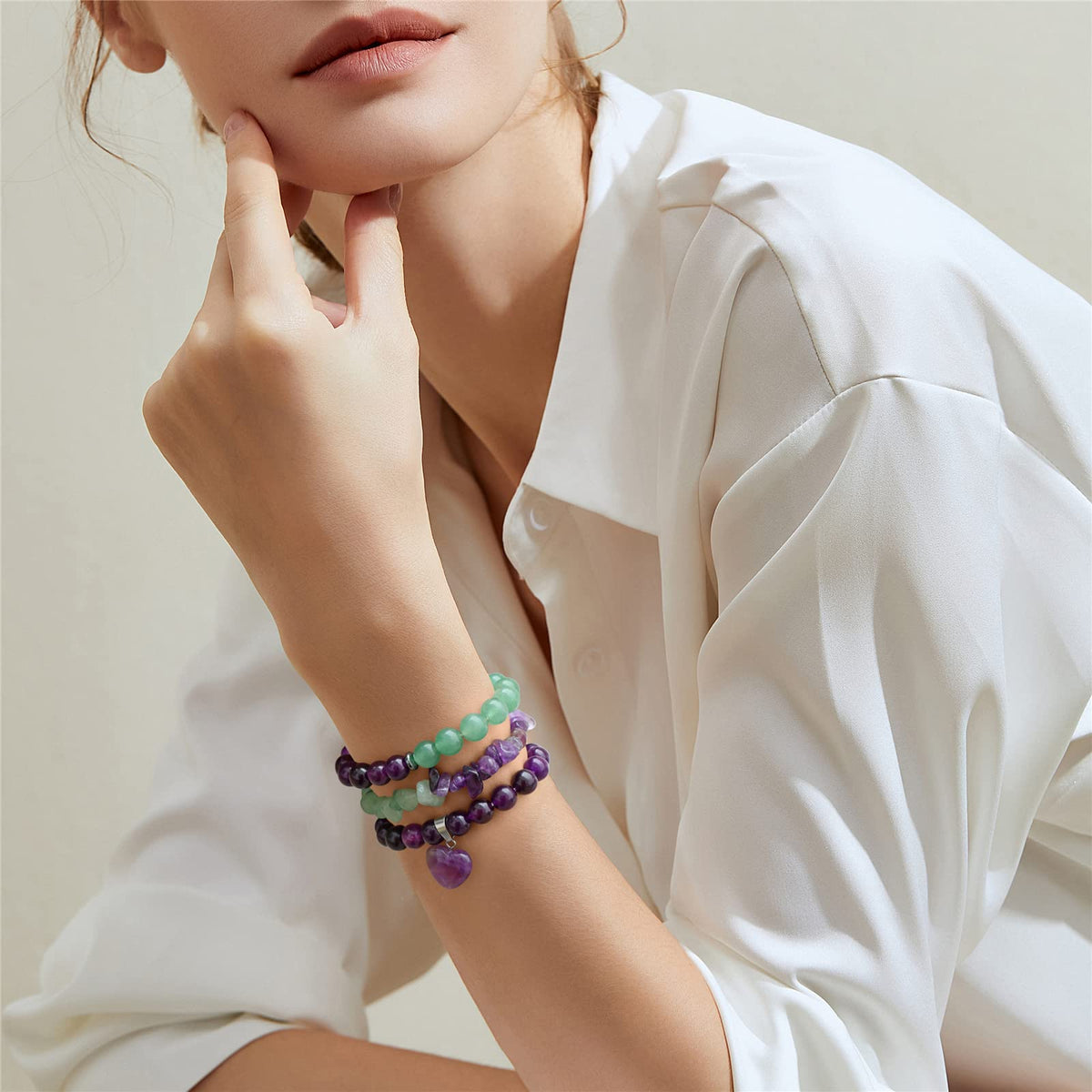 Vinswet Healing Crystal Beaded Bracelets for Women,Natural Amethyst Green Aventurine Gemstones Bracelet,Anxiety Stress Relief Heart Charm Bracelet Handmade purple Jewelry Gifts for Women (3pcs)
