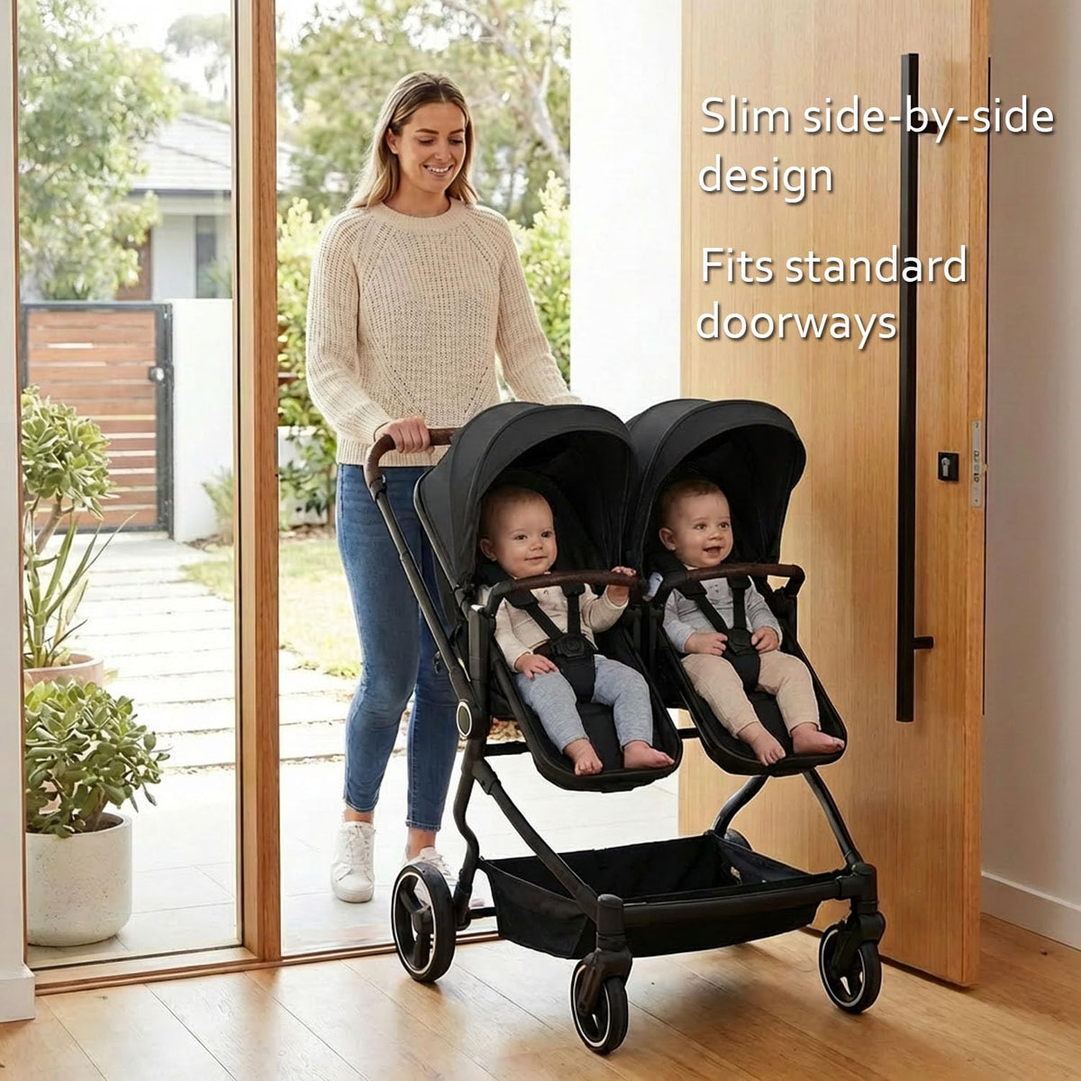 TALENBEEN Double Stroller for Infant and Toddler, Lightweight Side by Side Twin Baby Stroller, 26.8" Slim Design Fits Doors, Compact Foldable Travel Stroller, Independent Recline, Black