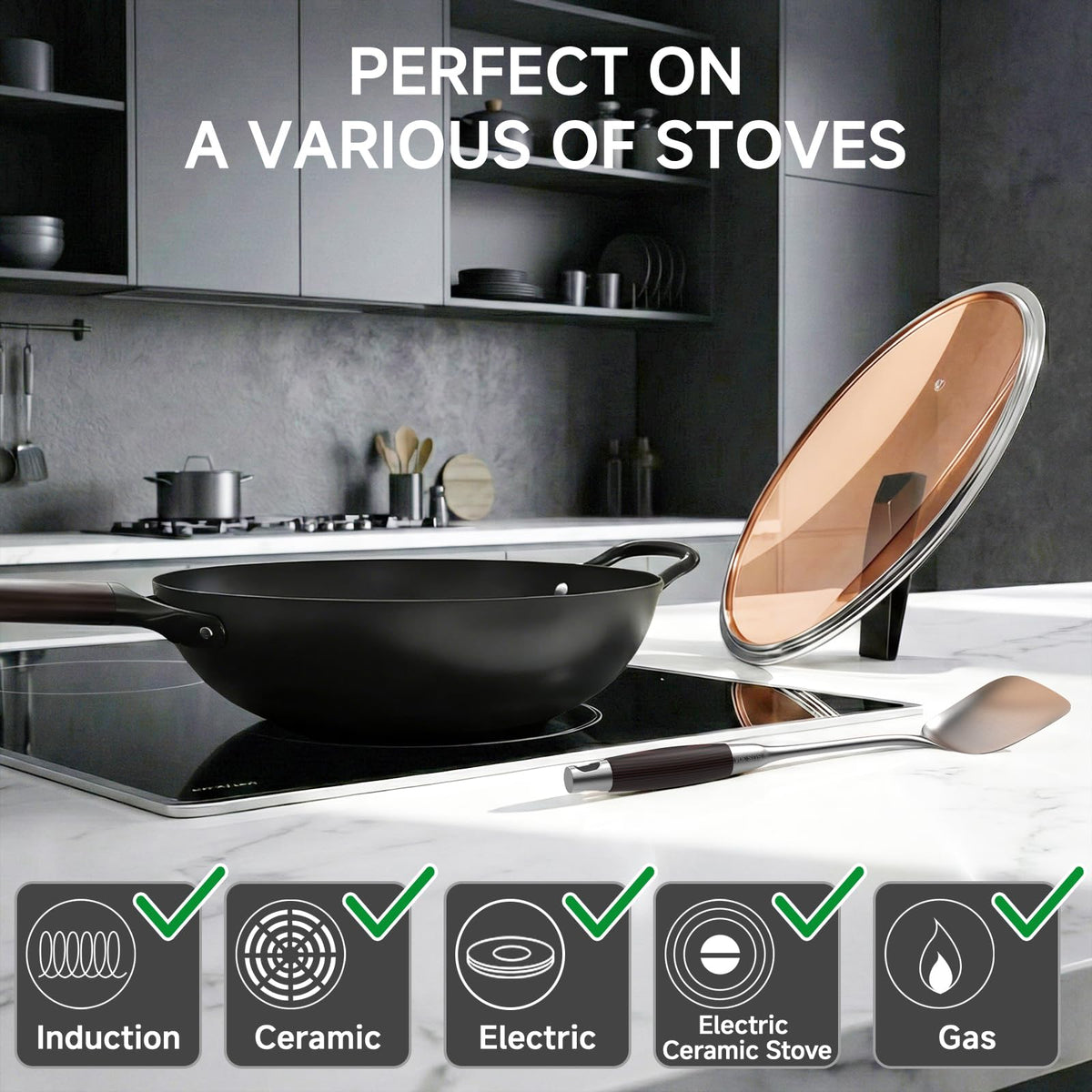 SUMEIGUAN 13.5" Carbon Steel Wok Pan - Pre-Seasoned Flat Bottom Woks & Stir-fry Pans Chinese Cookware with Lid & Spatula - For Pan-fry,Stir Fry, Steam, BBQ & Camping - Compatible with Induction, Gas