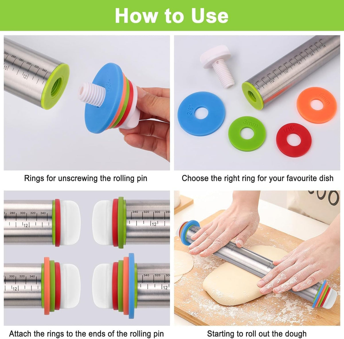 liboyixi Rolling Pin and Pastry Baking Mat Set, 17-inch Rolling Pins with Adjustable Thickness Rings, Stainless Steel Dough Roller for Baking Fondant, Pizza, Pie, Pastry, Pasta, Cookies (black)