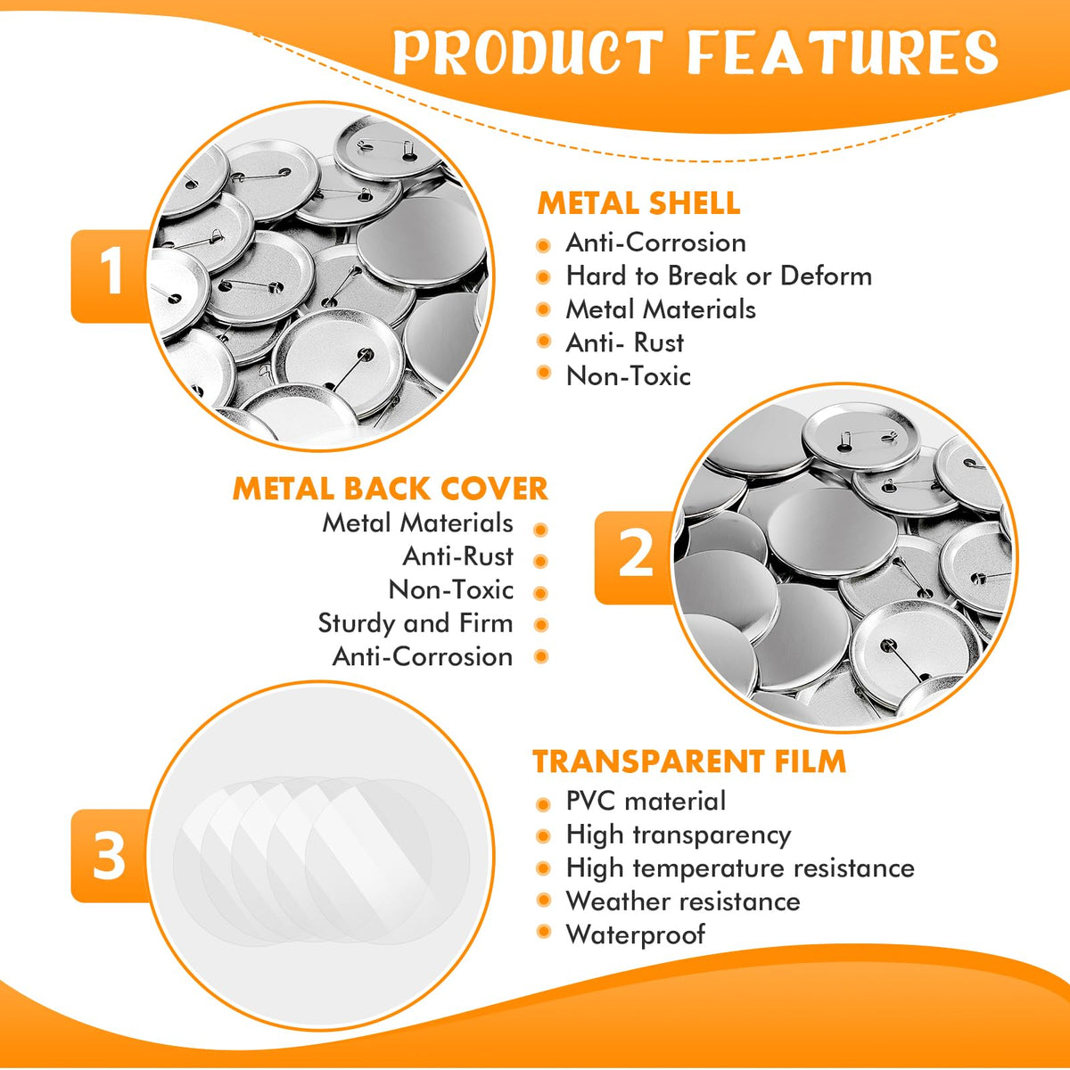 Vanttokeey 200Pcs Button Maker Supplies, 25mm 32mm 58mm Button Supplies Badge Part with Metal Back Cover, Metal Shells, Transparent Film (25mm/1in)