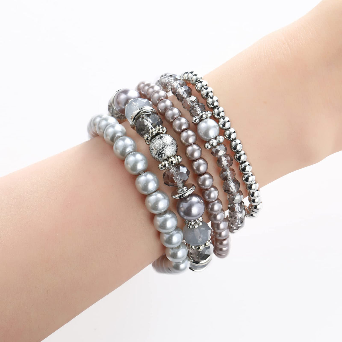 Noessla Beaded Pearl Stretch Bracelet Silver Stackable Crystal Beads Bracelets Trendy Costume Jewelry Mothers Day Gifts for Women(Grey)