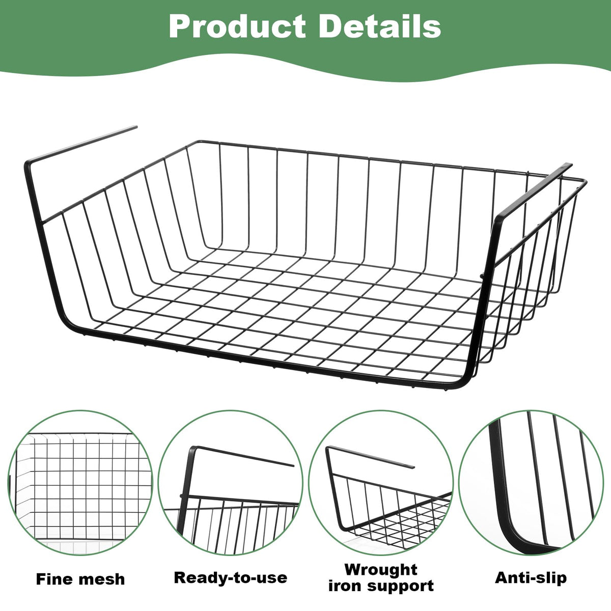 6 Pcs Undershelf Storage Basket Under Shelf Wire Basket Household Metal Under Shelf Hanging Storage Bin Basket Slides Under Shelves for Kitchen Pantry Bookshelf - 14.2" D x 9.1" W x 5.5" H, Black