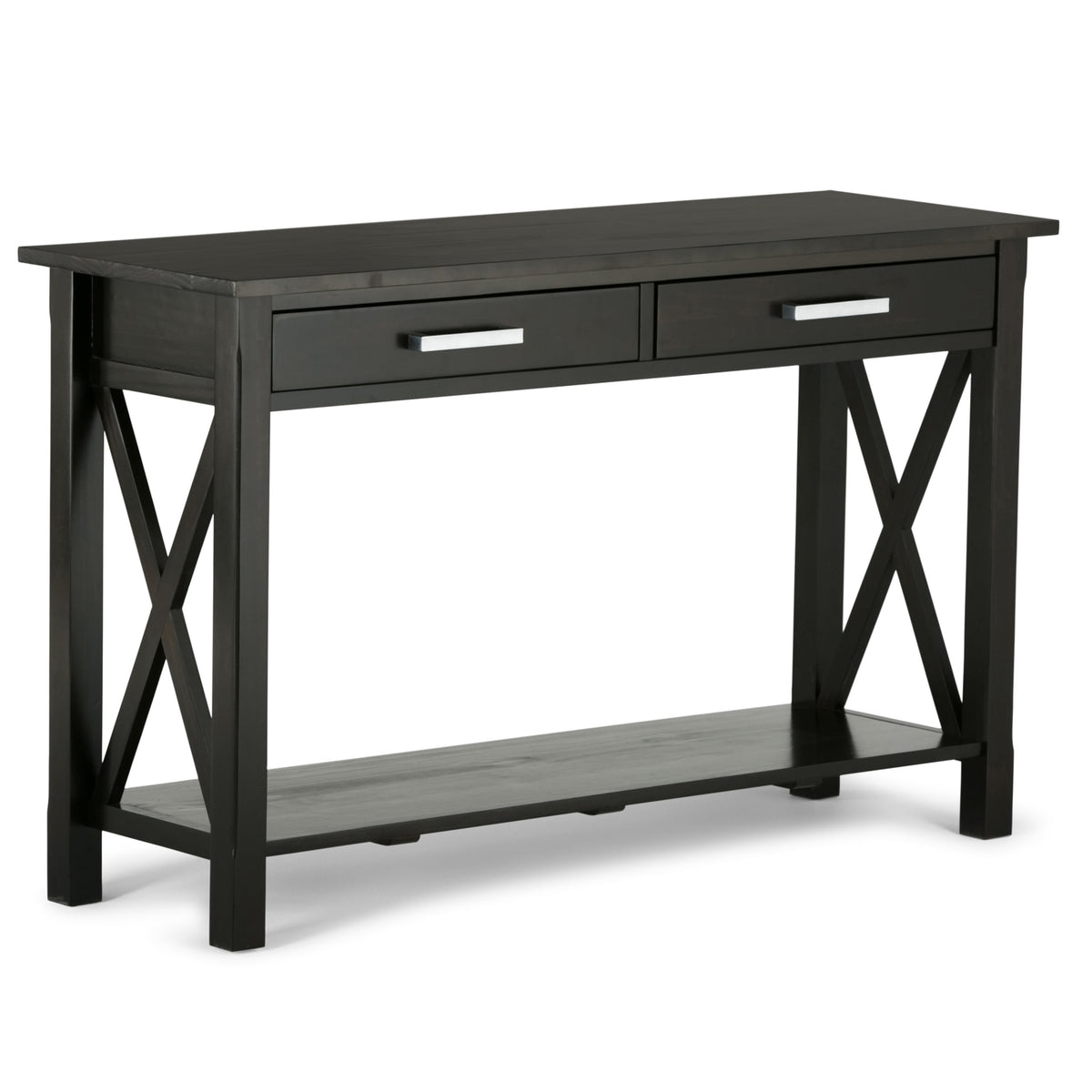 SIMPLIHOME Kitchener Console Table - 47 Inch Wide Solid Wood Sofa Table in Hickory Brown, Contemporary Storage Table for Entryway or Living Room with 2 Drawers, Bottom Shelf, and X-Design Side Panels