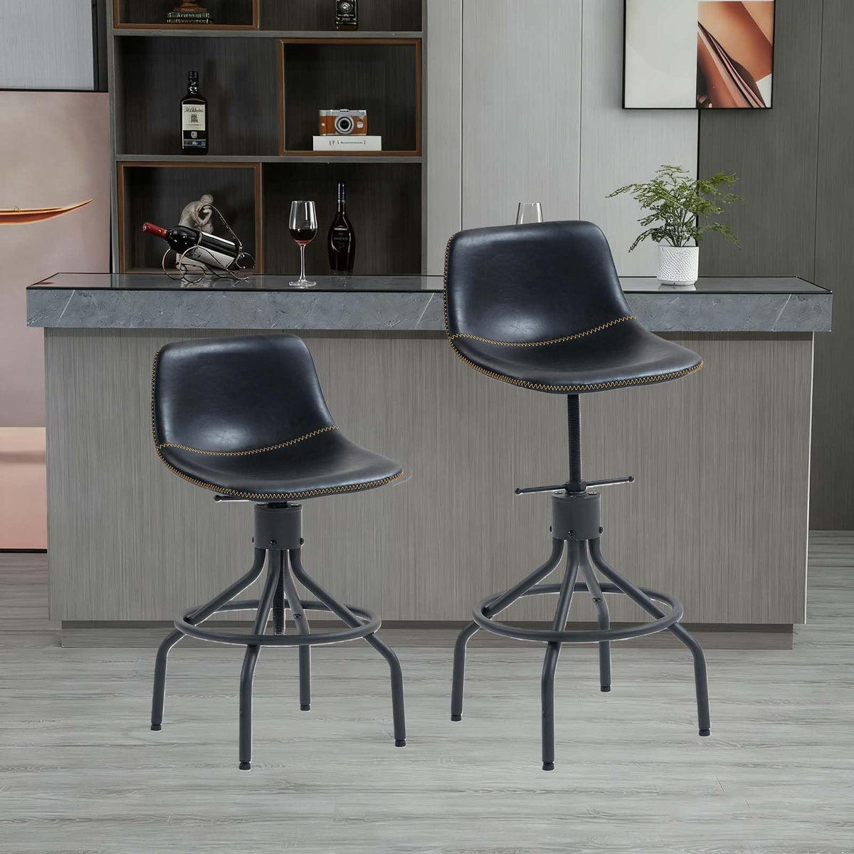 CHIDOCHILO Swivel Bar Stools Set of 3, Adjustable Industrial Kitchen Island Barstools with Back 26 Inch Faux Leather Armless Counter Height Bar Chairs for Dining Room Home Bar D087-Black-3