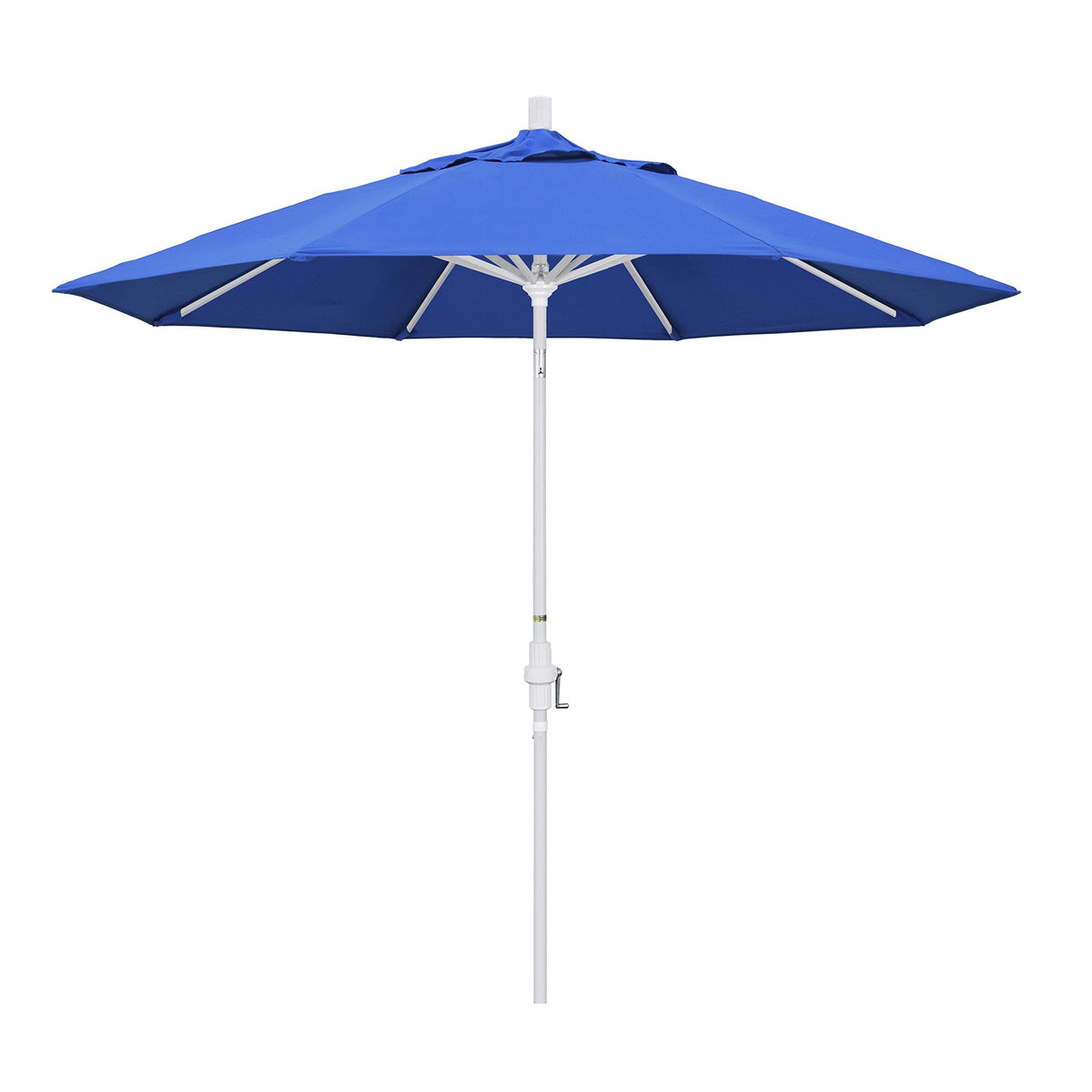 California Umbrella 9' Round Aluminum Market Umbrella, Crank Lift, Collar Tilt, White Pole, Royal Blue Olefin