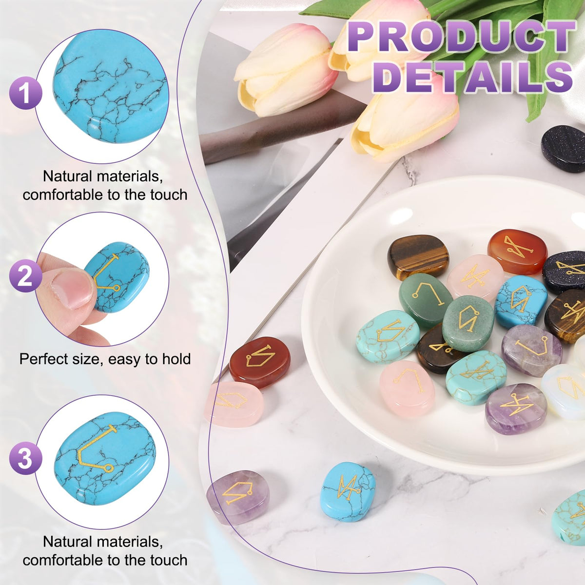 MECCANIXITY 4Pcs Engraved Chakra Stones with Reiki Symbols, Blue Howlite Reiki Healing Crystal Gemstone 7 Chakra Crystal Stones Tumbled Palm Stone for Anxiety Relieve