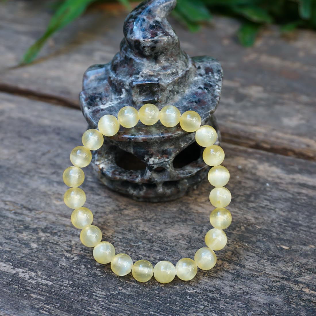 Natural Selenite Crystal Bracelet 8mm | Yellow Plated | Authentic Stone with Leather Pouch, Gift Box & Repair Kit | Fits about 7 inch Wrist