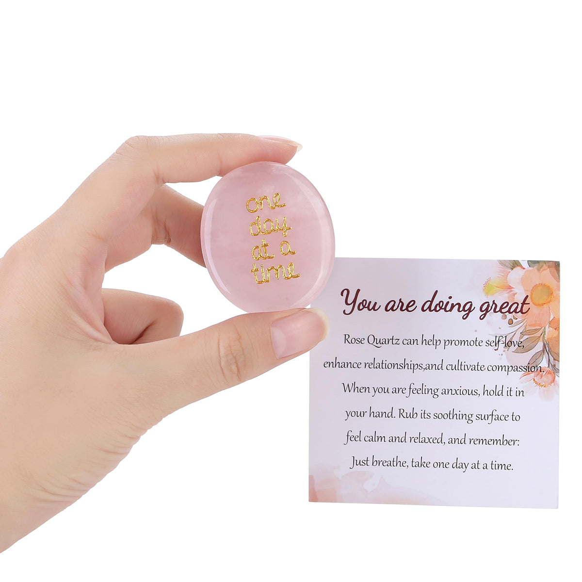 QINJIEJIE One Day at A Time Rose Quartz Worry Stone Healing Crystal Thumb Stones Thinking of You Gifts for Anxiety Relief Items You Got This Valentine's Day Gifts for My Love Gifts for Women