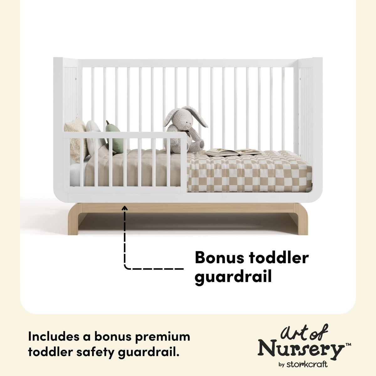 Storkcraft Santorini 5-in-1 Convertible Crib with Toddler Guardrail – GREENGUARD Gold Certified, Conversion Kit Included, 100% Solid Wood, Fits Standard Crib Mattress (White and Driftwood)
