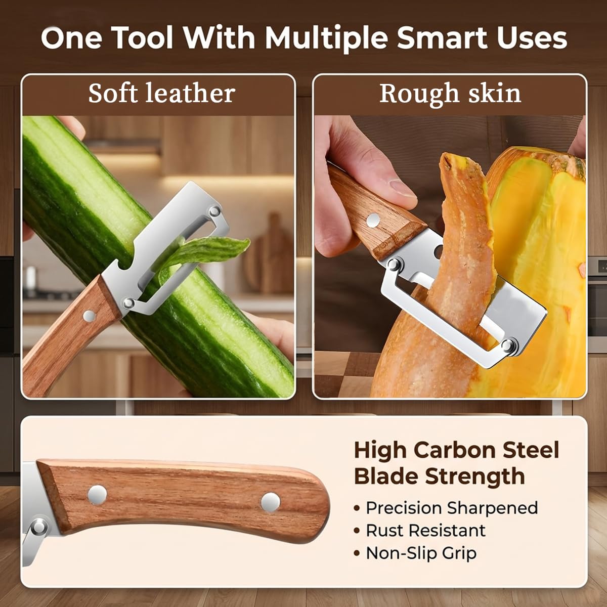 2026 New 2-in-1 Multifunctional Vegetable Peeler – Stainless Steel Blade with Wooden Handle & Bottle Opener, Effortlessly Peels Fruits & Vegetables, Ideal Kitchen Tool Gift (2-Pack)