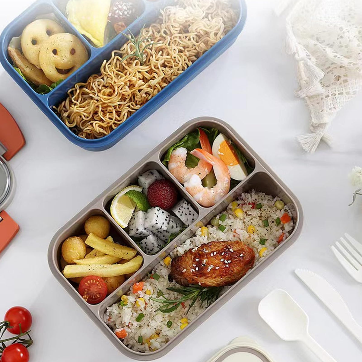 Scizorito Bento Box Adult Lunch Box, 44 oz Containers with 4 Compartments, Lunchable Food Container with Utensils, Sauce Jar, Microwave & Dishwasher Safe (White-Grey)