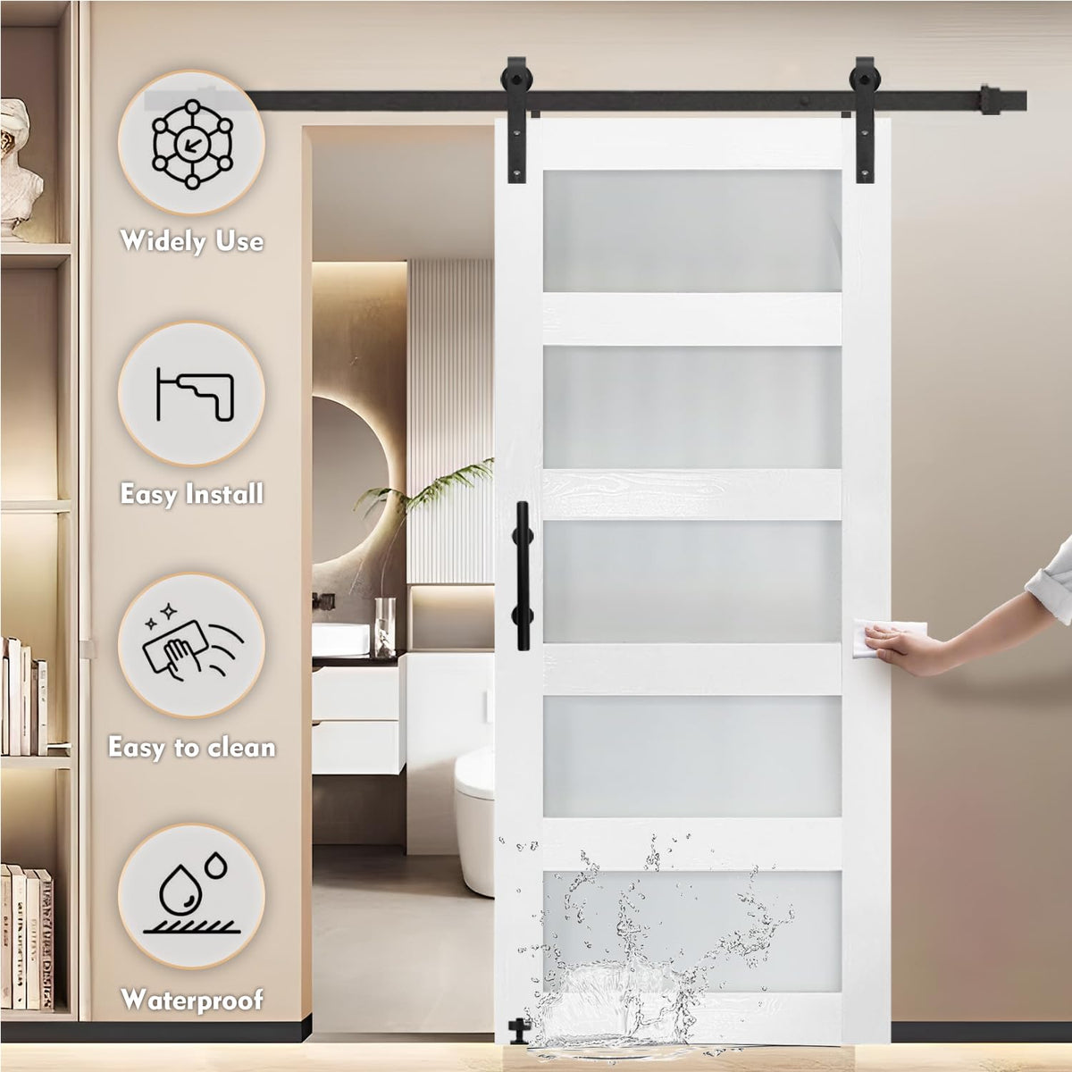 S&Z TOPHAND® 30 in x 96 in Glass Sliding MDF Barn Door with 5FT Sliding Door Hardware Kit, 5 Tempered Frosted Glass, Slab Inside Covered with Water-Proof PVC Surface, Simple DIY Assembly
