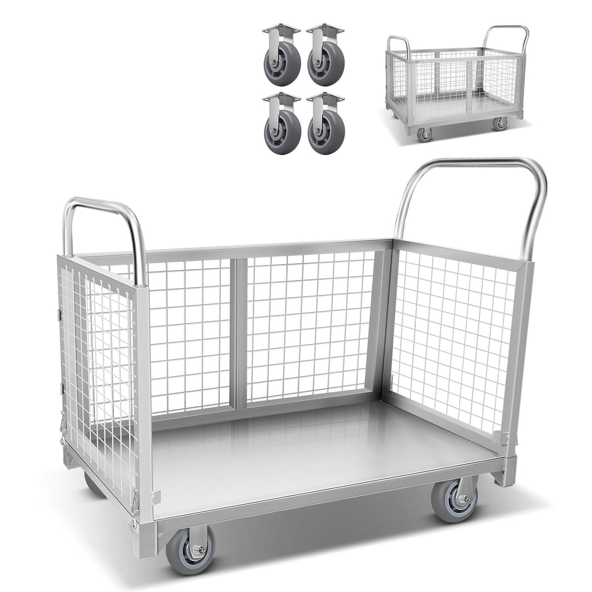 2200LBS Capacity Reinforced Flatbed Truck for Warehouses, Heavy-Duty Platform Truck Cart with Cage, Maneuverable Platform Trucks with 360° Wheels, Versatile Platform Truck for Home & Business.