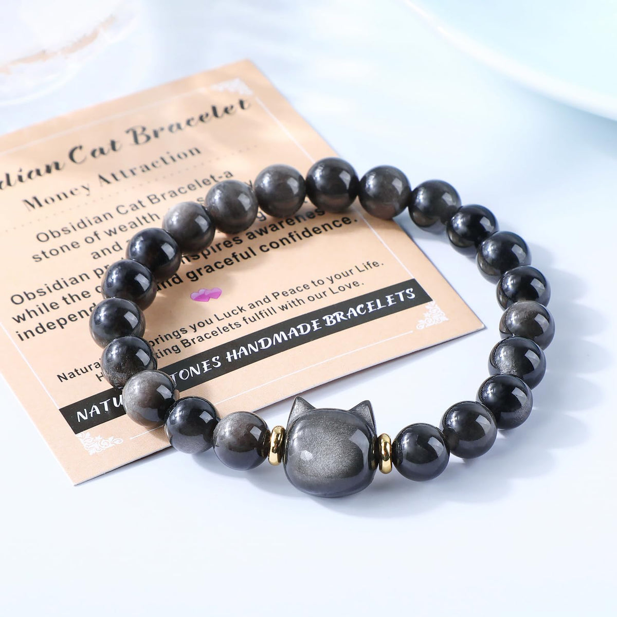 AD Beads 8mm Handmade Obsidian Cat Bracelet Elastic Bracelet – Natural Gemstone for Money Attraction – Meditation, Yoga, Healing and Energy Gift for Men Women