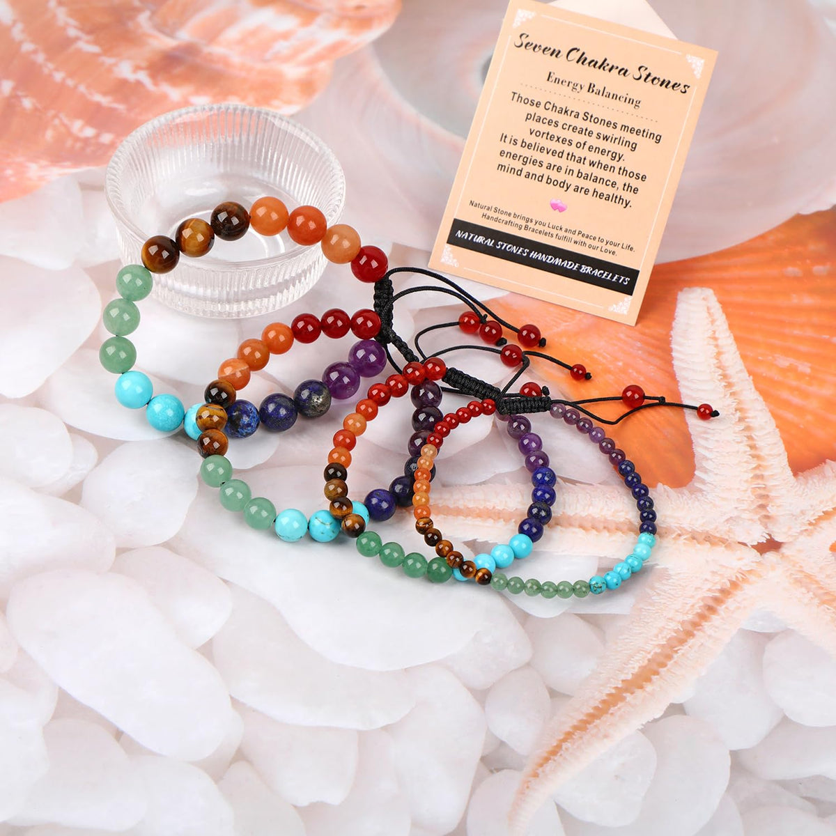 AD Beads 4mm Seven Chakra - Energy Balancing - Handmade Natural Stone Crystal Bracelet with Adjustable Macrame String - Yoga Healing Power Energy Gifts for Men and Women