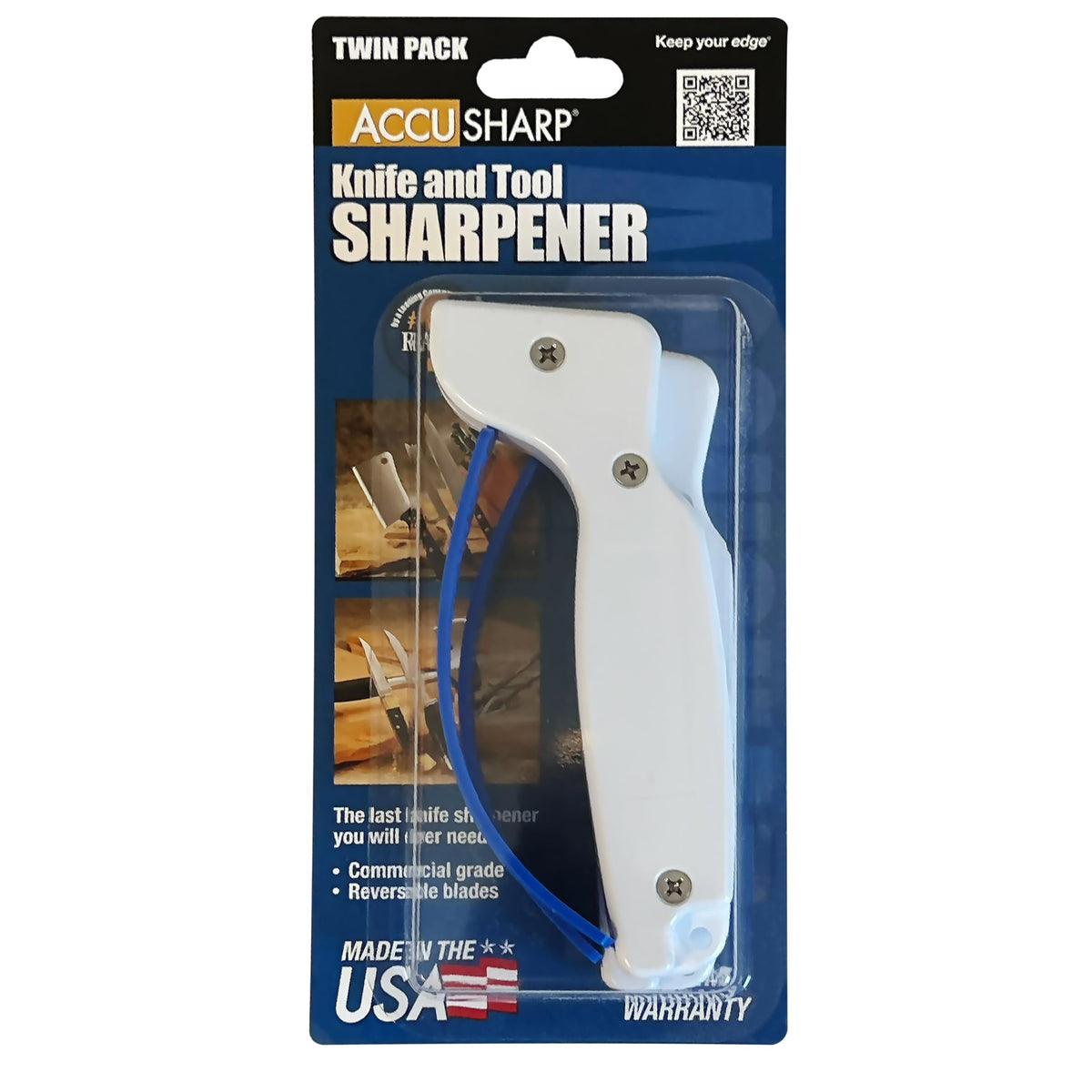AccuSharp Hand-Held Carbide Blade Sharpener, Kitchen Knife and Chef Knife Sharpener, Professional Chef Grade Sharpening Tool, Restore and Hone Straight & Serrated Knives, 2-Pack, White