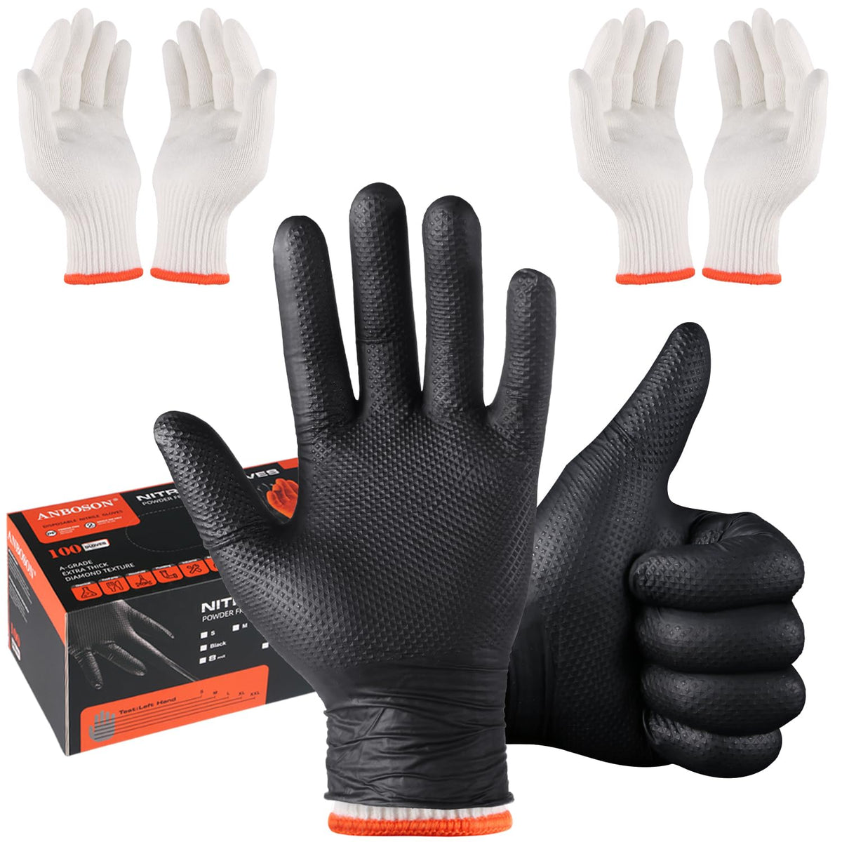 ANBOSON BBQ Gloves for Grilling Disposable Heat Resistant - 100 Nitrile Gloves + 4 Reusable Cotton Liners for Barbecue Smoker, Cooking Hot Meat - 10Mil Thick, Non-Slip Grip - Black Large