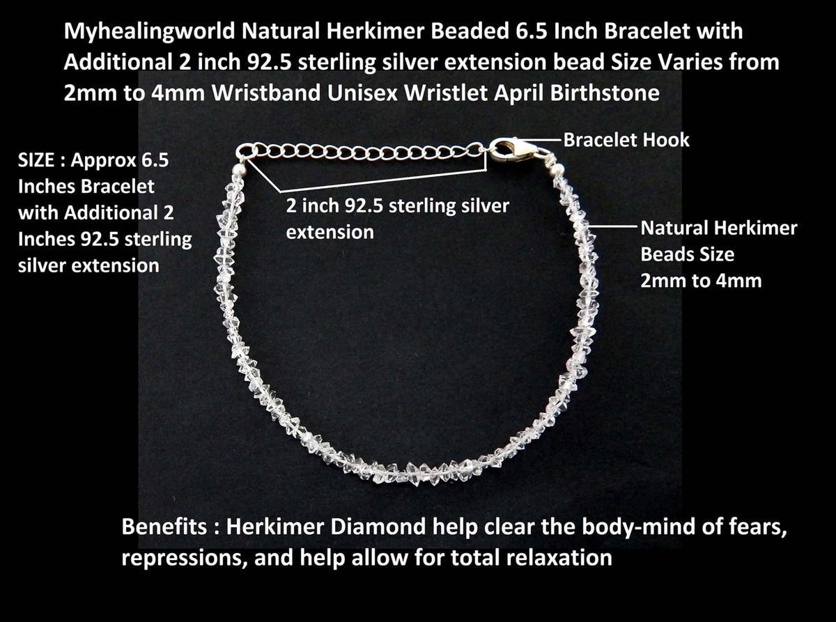 Myhealingworld Natural Herkimer Beaded 6.5 Inch Bracelet with Additional 2 inch 92.5 sterling silver extension bead Size Varies from 2mm to 4mm Wristband Unisex Wristlet April Birthstone