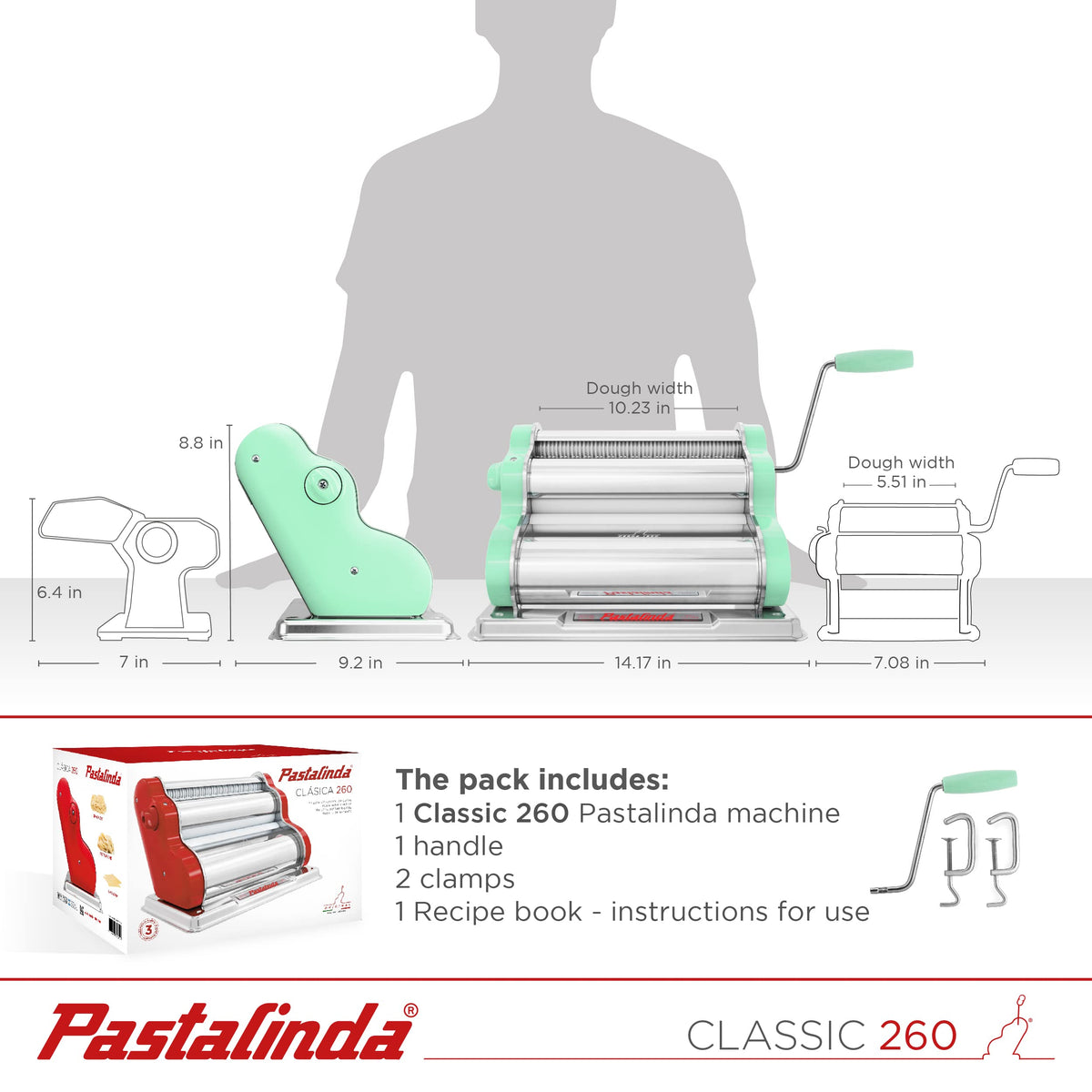 PASTALINDA Classic 260 Pasta Maker Machine, 26 cm Wide Rollers, 9 Thickness Positions, 2 Cutting Positions, Stainless Steel. Includes Reinforced Hand Crank And Two Clamps (Pastel Green)