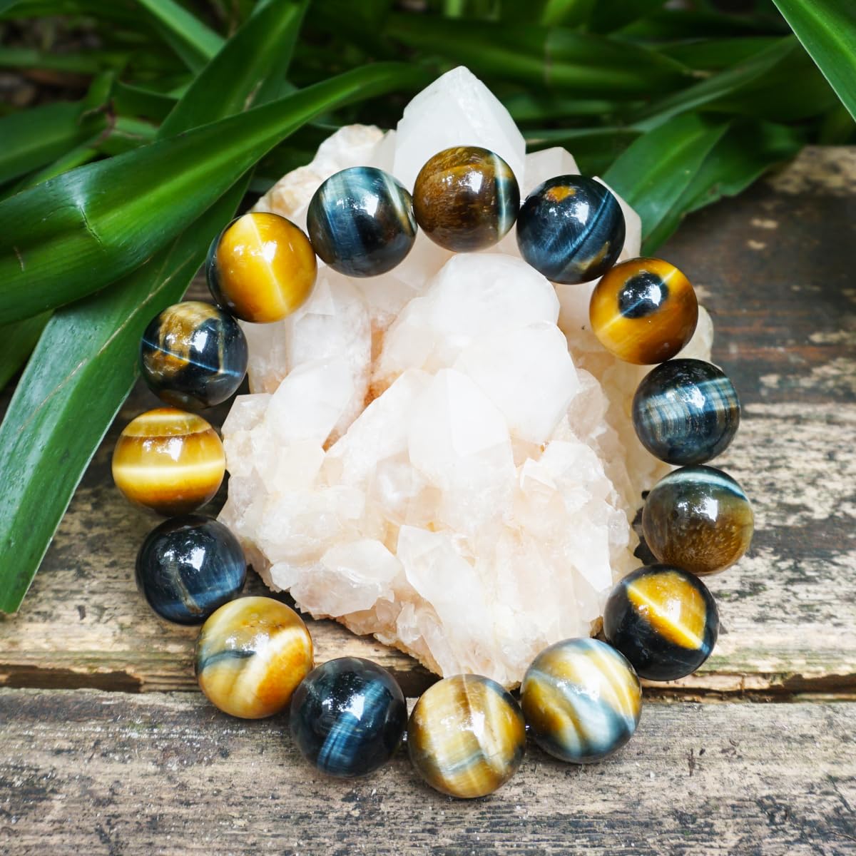 16MM Blue Tigers Eye Bracelet with Gold Eye, Fits for 9" Wrist Men Women | Protection from Evil Gem | Natural Birthstone for June