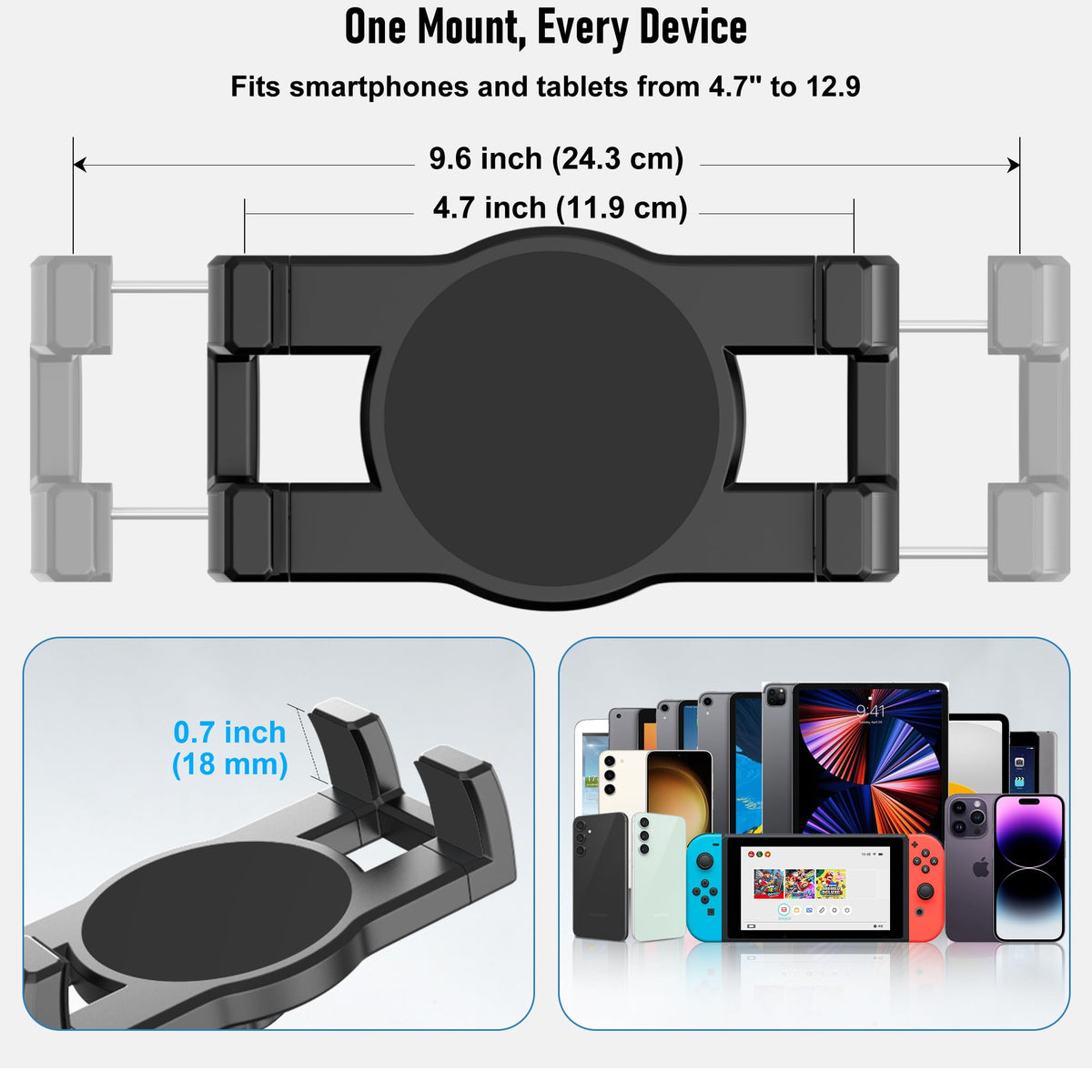TeQable Industrial Tablet Mount for Truck&Vehicle, Heavy Duty Drill Base iPad Mount Holder for Car, Adjustable Aluminum Arm, Compatible w/ 4.7"-12.9" Devices, Perfect for Dashboard, Boats, Walls–Black